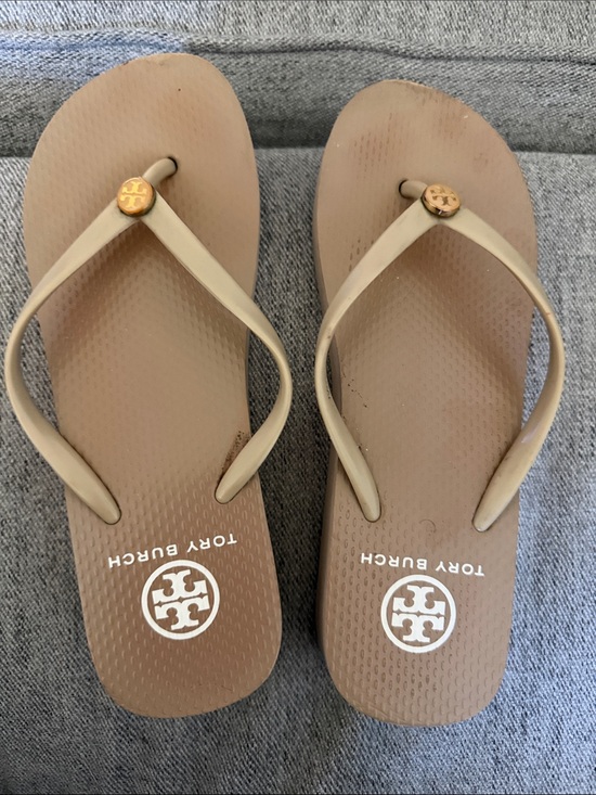 Tory Burch Other - Tory Burch Beige Brown Logo Flip Flops